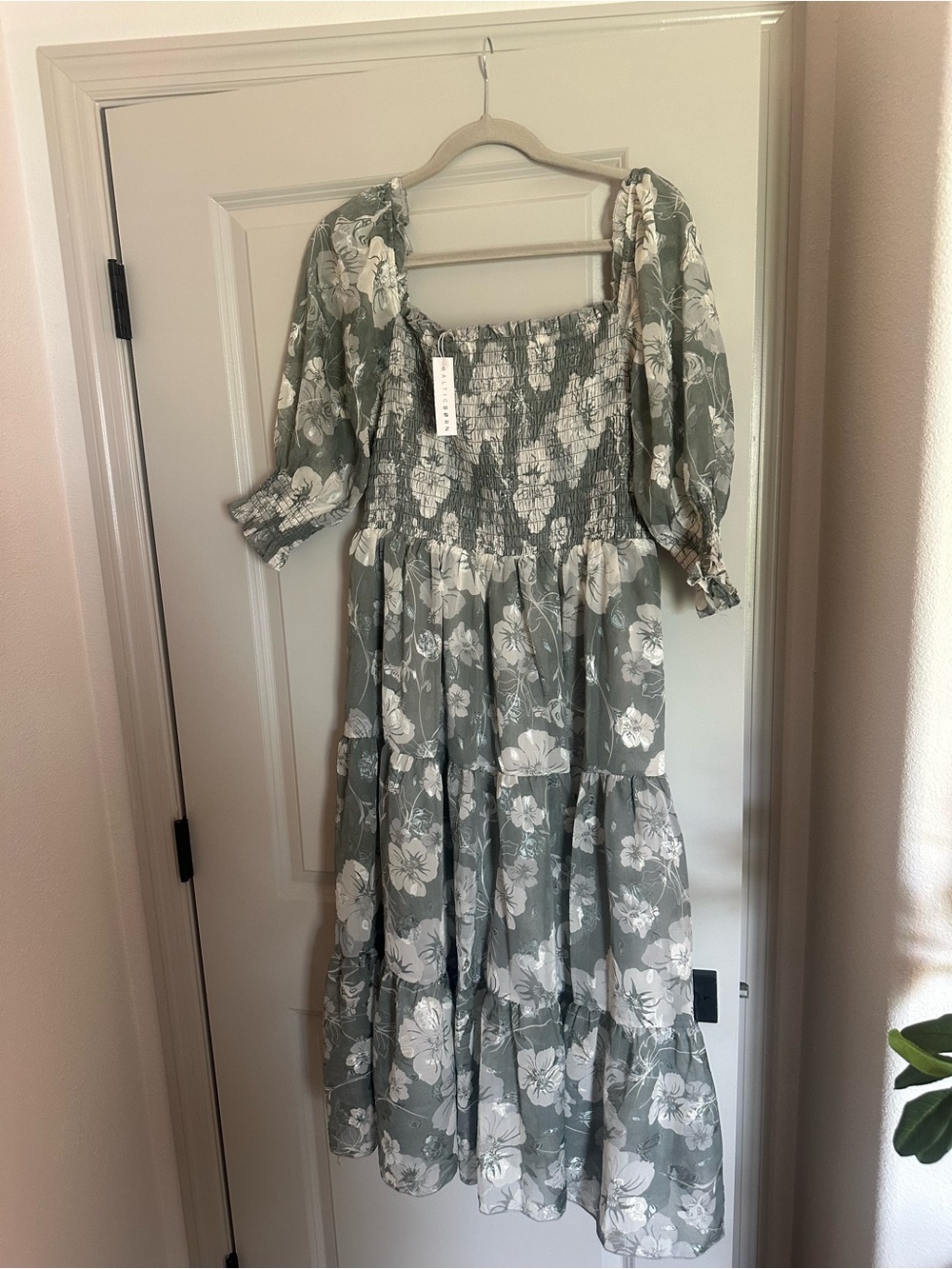 Baltic Born Sage Green Floral Smocked Midi Dress